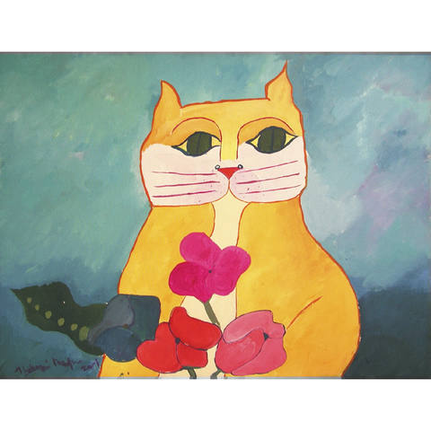 Gato amarelo e flores
