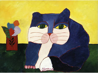 Aldemir Martins - Gato azul e vaso vermelho com flores
