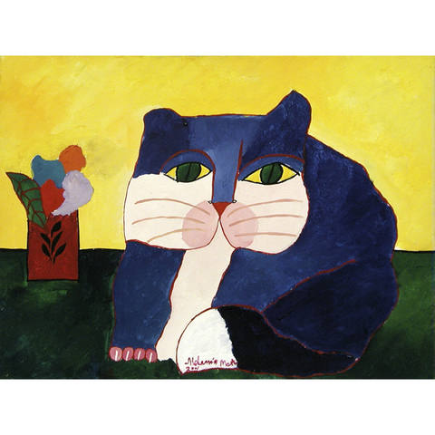 Gato azul e vaso vermelho com flores