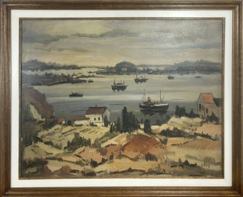 Paisagem com casas e barcos