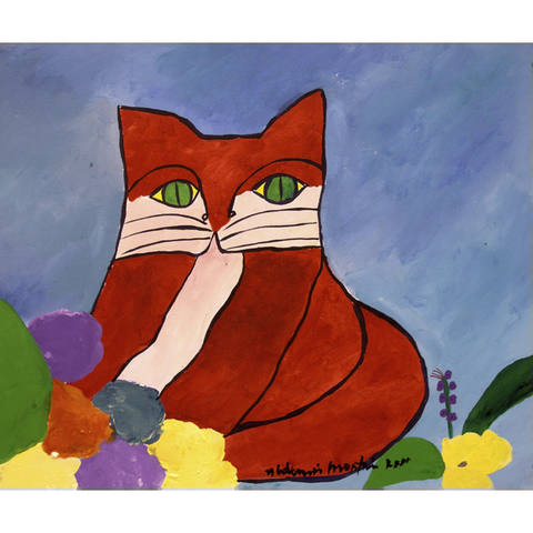 Gato vermelho e flores
