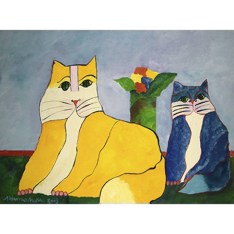 Gato amarelo e gato azul com vaso