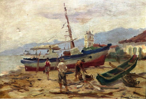 pescadores com barco na praia