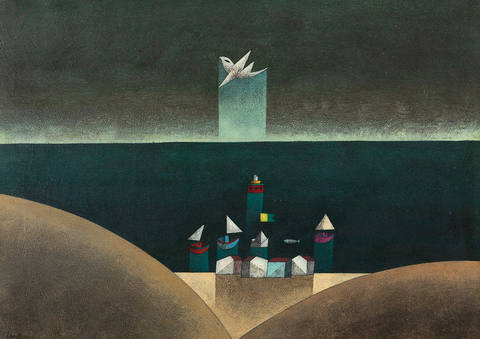 Paisagem com barcos e pássaro