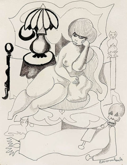 Mulher, caveira e abajour