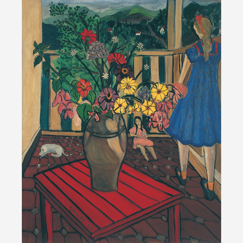 Vaso de Flores e Menina na Varanda
