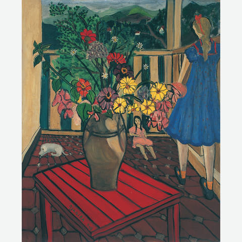 Vaso de Flores e Menina na Varanda