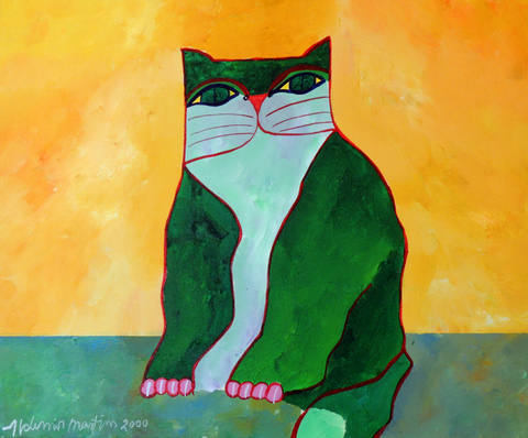 Gato Verde com Fundo Amarelo