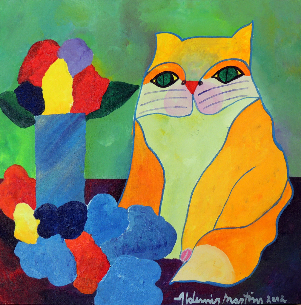 Gato Amarelo com Flores e Vaso
