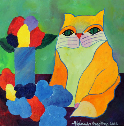 Gato Amarelo com Flores e Vaso