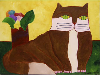 Aldemir Martins - Gato marrom e vaso com flores