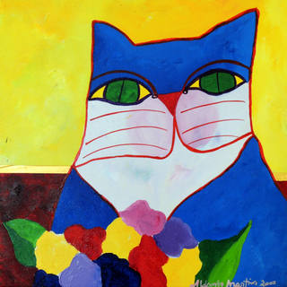 Aldemir Martins - Gato Azul com Flores e Fundo Amarelo