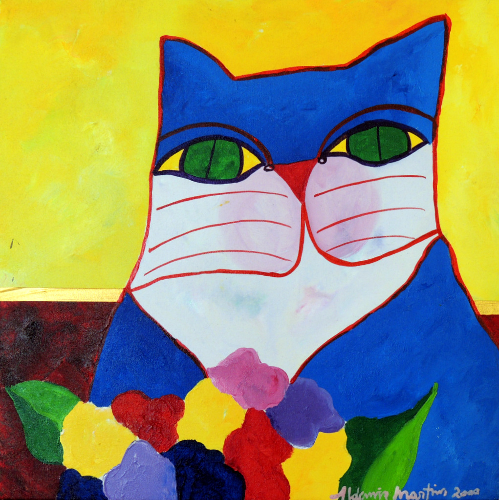 Gato Azul com Flores e Fundo Amarelo