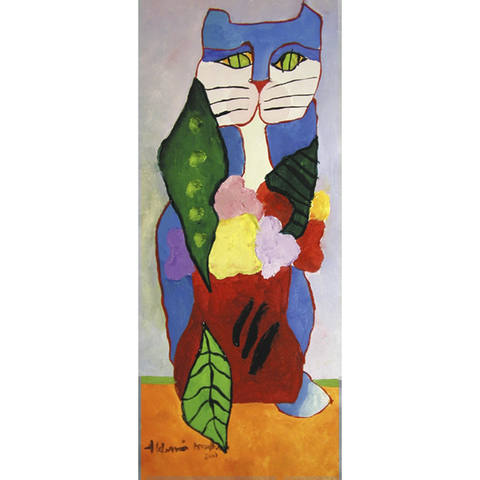 Gato azul com vaso de flores