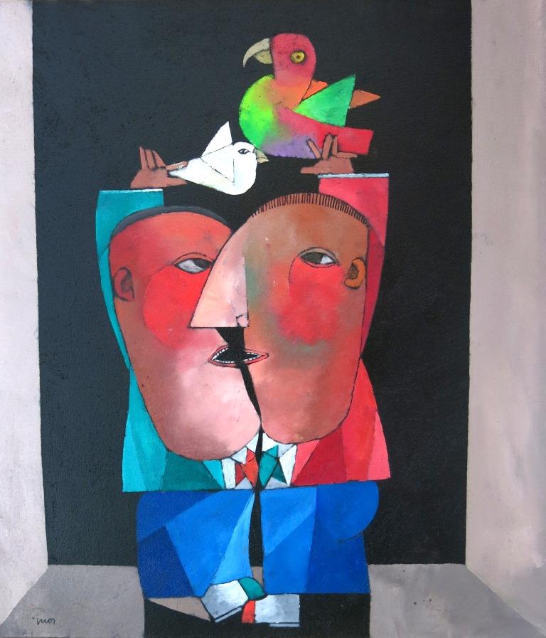 Dois amigos com pássaro