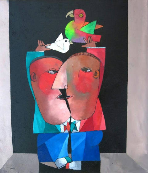 Dois amigos com pássaro