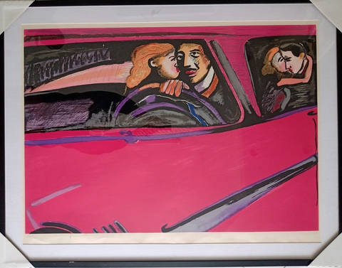 Casais no carro rosa