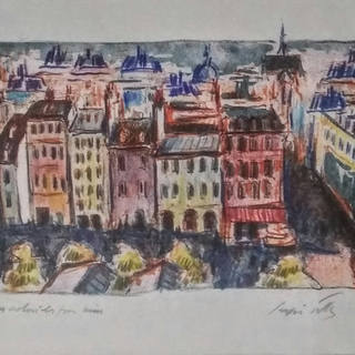 Sérgio Telles - Série de Paris. Saint Germain des Prés. Litogravura colorida de próprio punho pelo artista conforme descrito pelo mesmo. Mede 22 cm x 31 cm. Assinado canto inferior direito