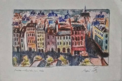 Série de Paris. Saint Germain des Prés. Litogravura colorida de próprio punho pelo artista conforme descrito pelo mesmo. Mede 22 cm x 31 cm. Assinado canto inferior direito