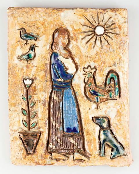 Mulher com Criança, Cachorro, Galo, Pássaros
