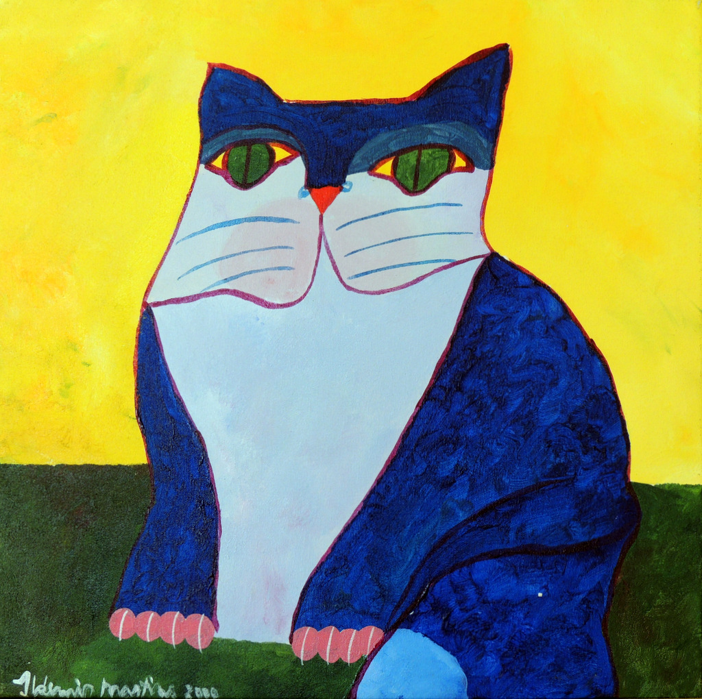 Gato Azul com Fundo Amarelo e Verde