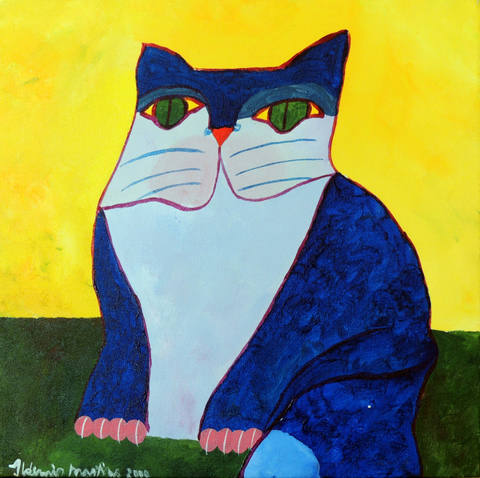 Gato Azul com Fundo Amarelo e Verde