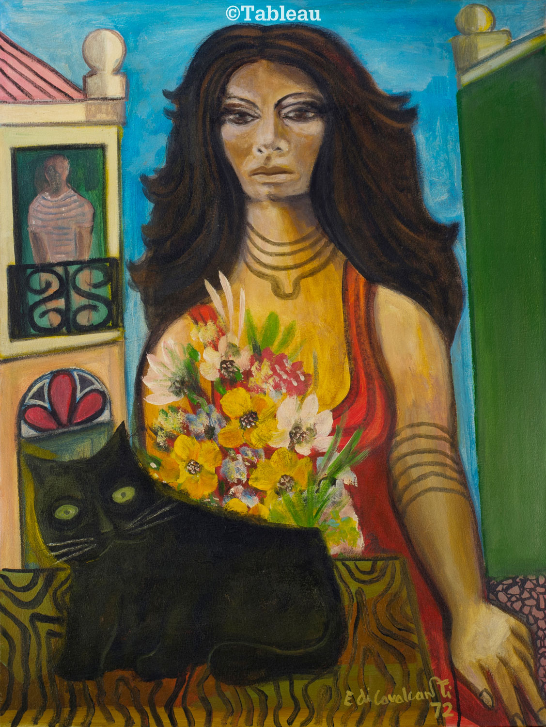 Mulata com gato e flores
