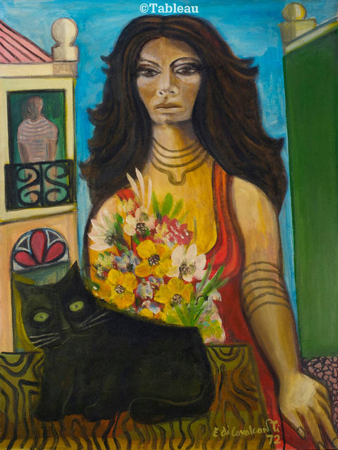 Mulata com gato e flores