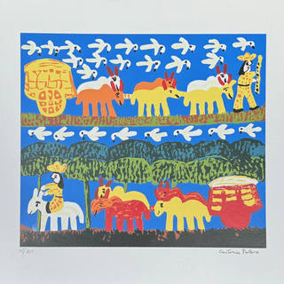 Antonio Poteiro - Paisagem com personagens, pássaros e carros de bois