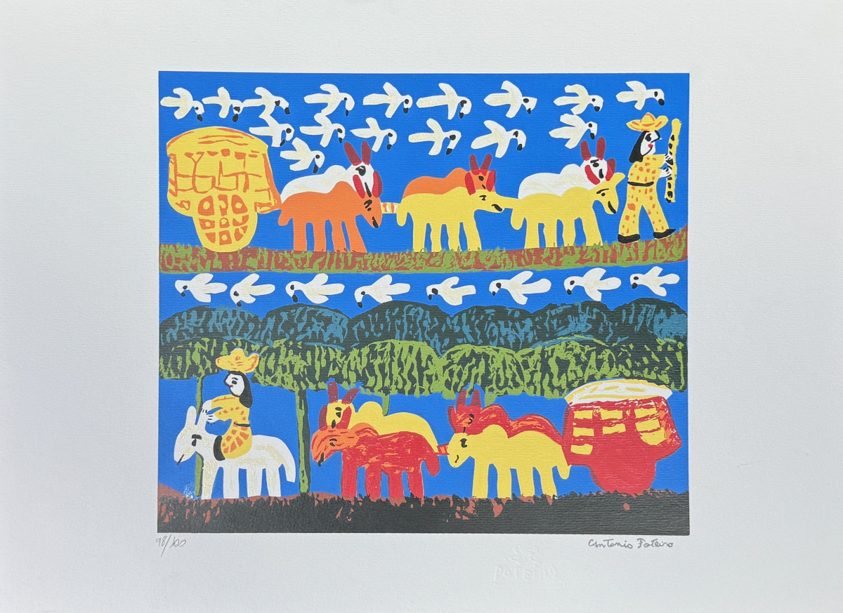 Antonio Poteiro - Paisagem com personagens, pássaros e carros de bois