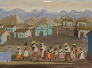 Fulvio Pennacchi - Aldeia com figuras caminhando