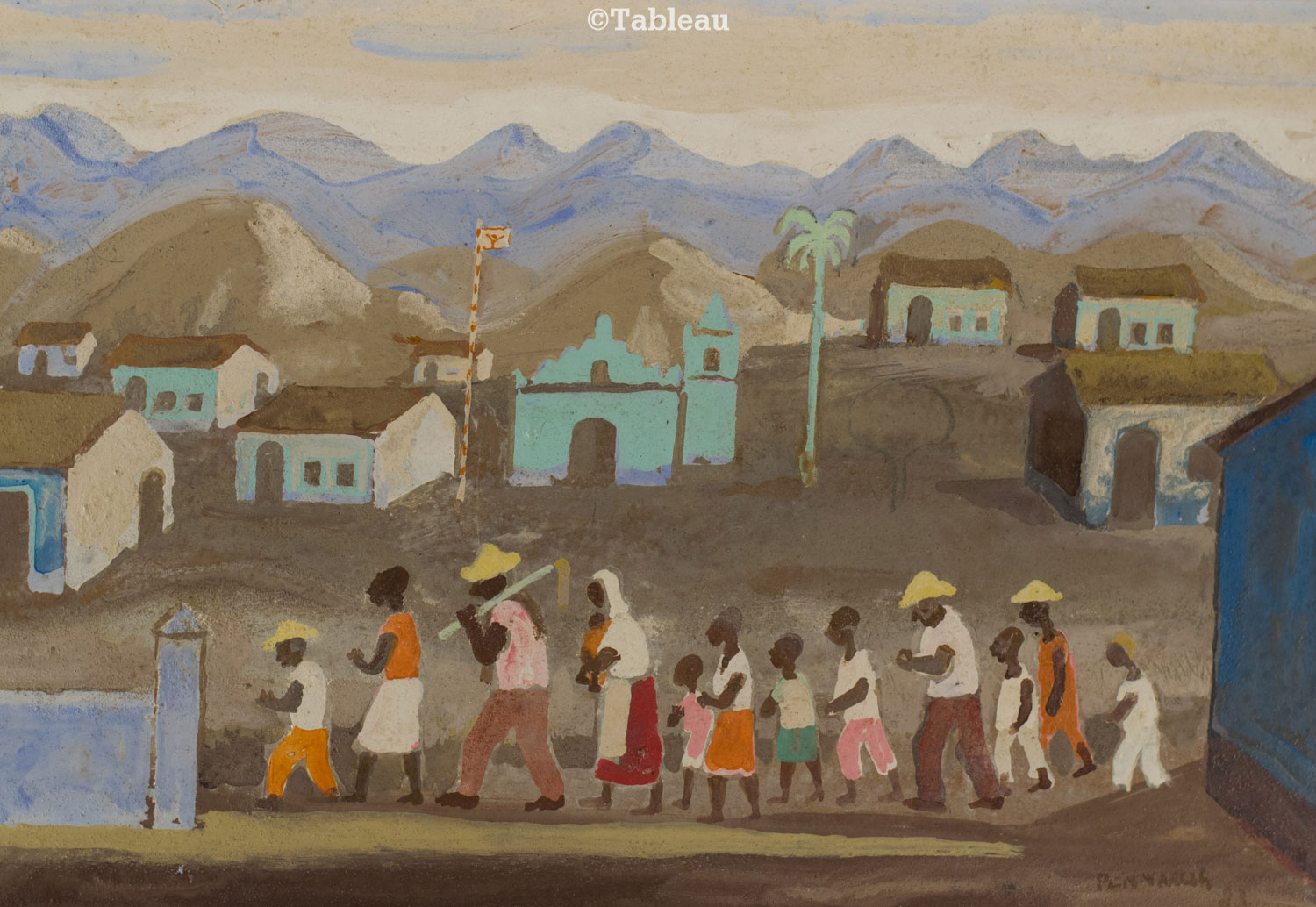 Fulvio Pennacchi - Aldeia com figuras caminhando