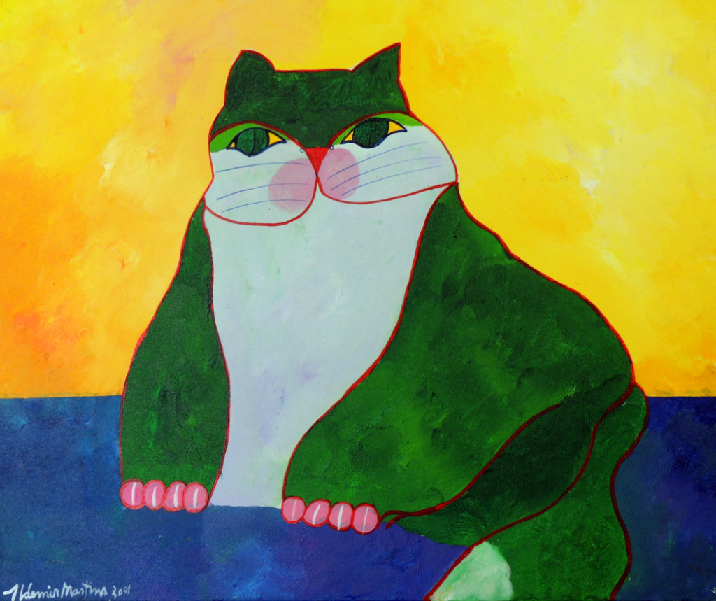 Aldemir Martins - Gato Verde com Fundo Amarelo e Azul