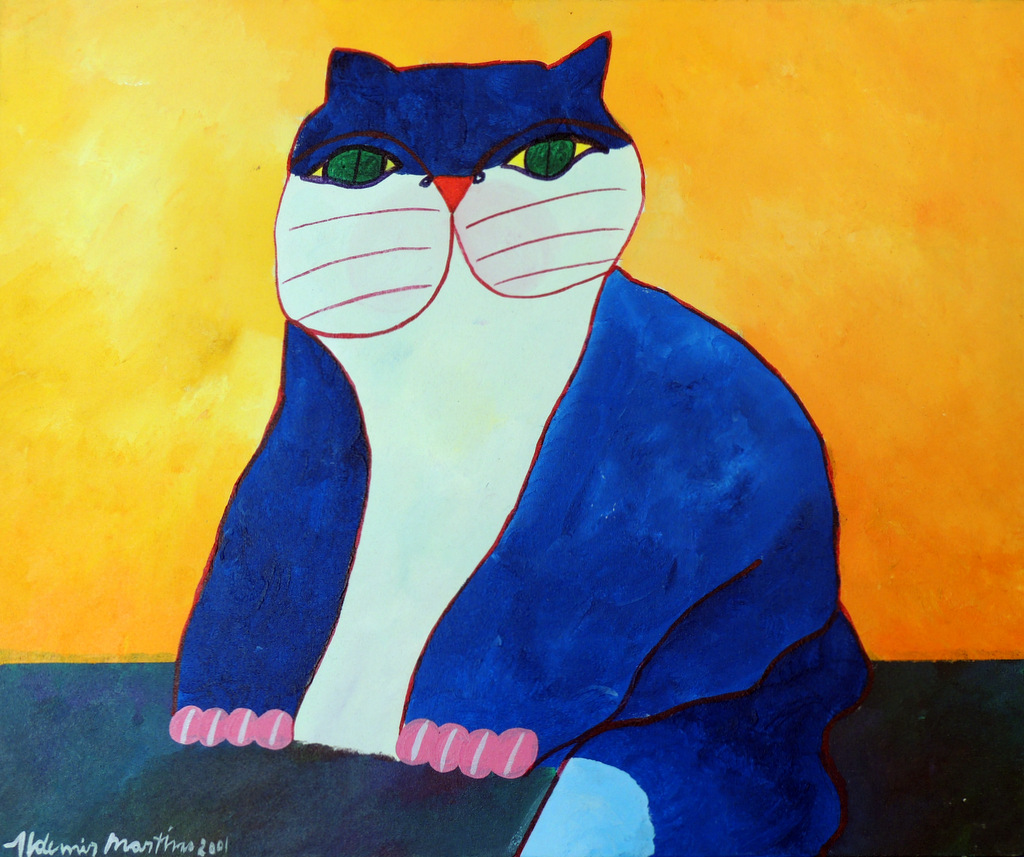 Gato Azul com Fundo Amaralo e Verde