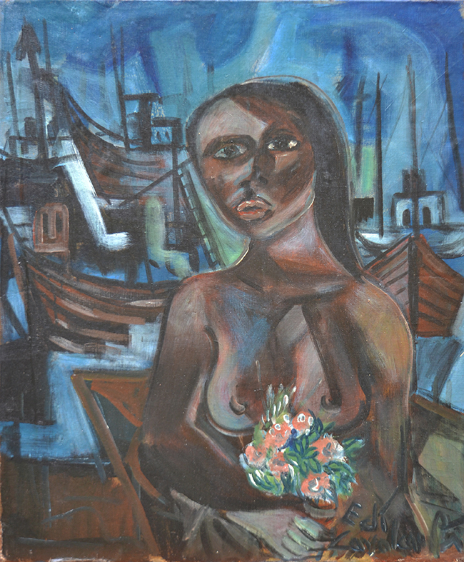 Mulata com Flores e Barcos ao Fundo