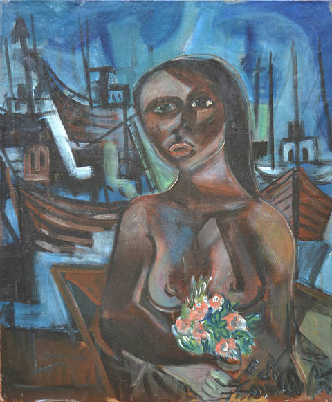 Mulata com Flores e Barcos ao Fundo