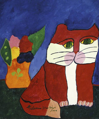 Aldemir Martins - Gato vermelho e vaso laranja com flores