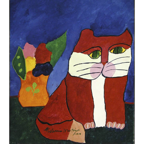 Gato vermelho e vaso laranja com flores