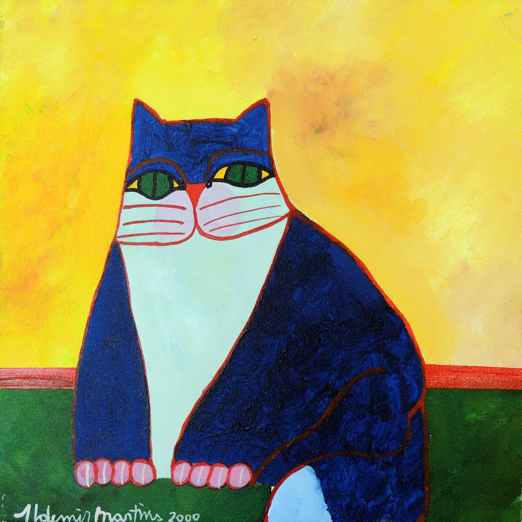 Aldemir Martins - Gato Azul com Fundo Amarelo e Verde
