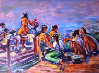 Sérgio Telles - Lavadeiras Bahia, o.s.t. mede 54,5 x 74,5 cm, datado de