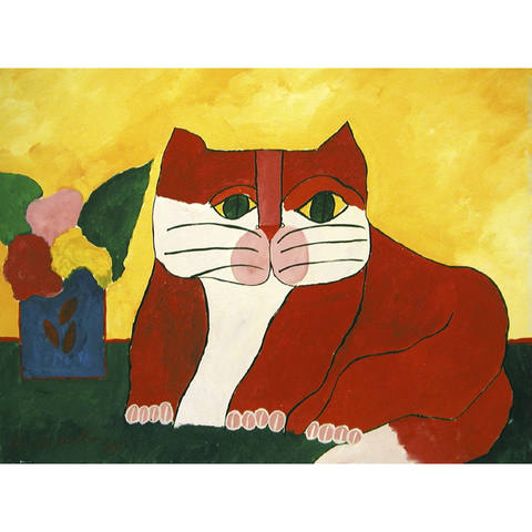 Gato vermelho e vaso com flores
