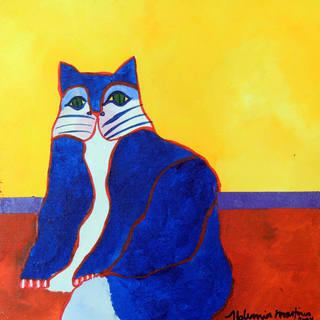 Aldemir Martins - Gato Azul com Fundo Amaralo e Vermelho