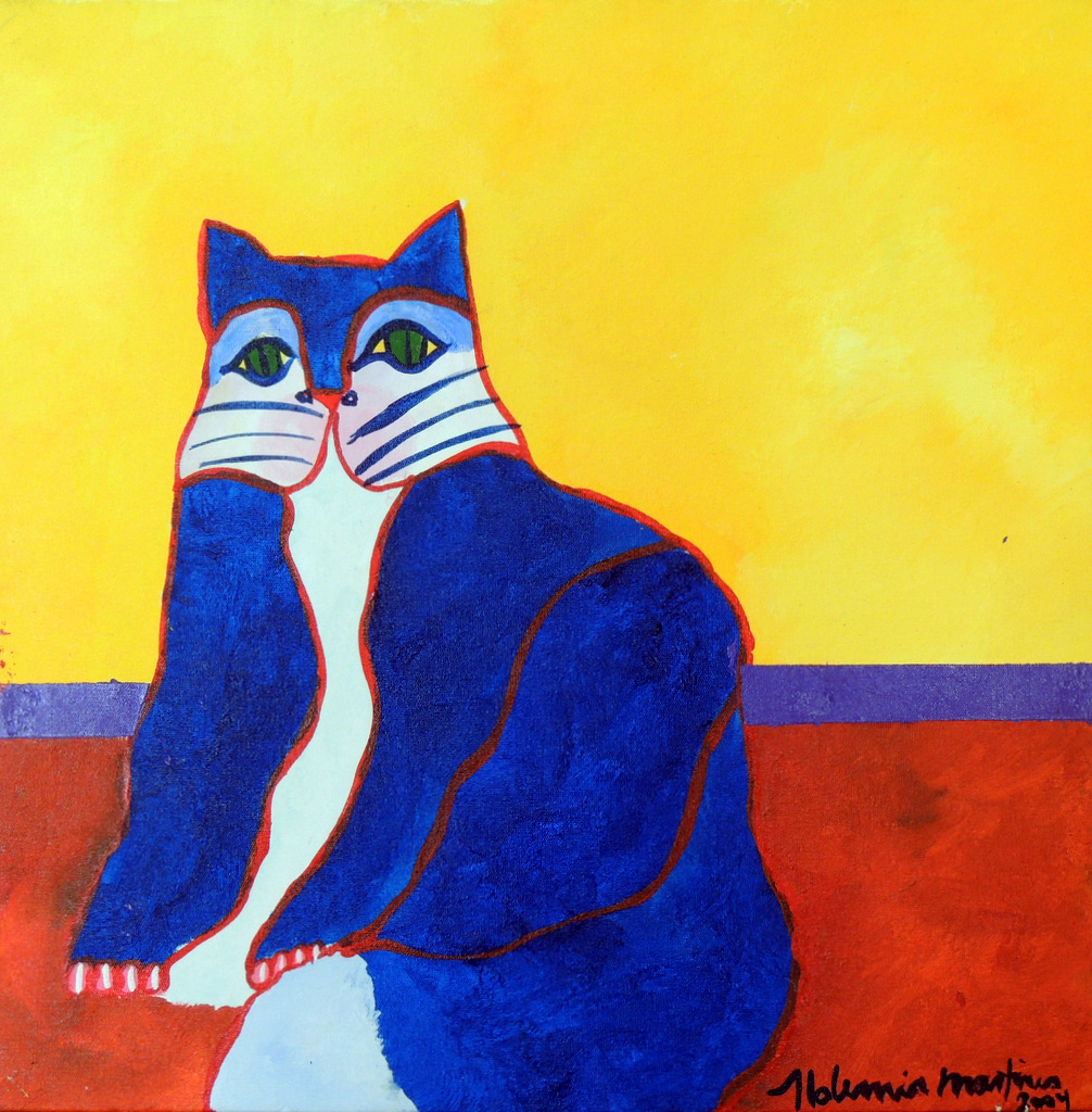 Gato Azul com Fundo Amaralo e Vermelho