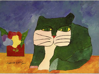 Aldemir Martins - Gato verde e vaso vermelho com flores