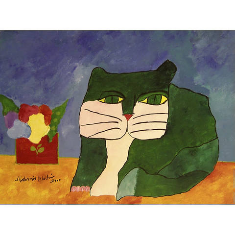 Gato verde e vaso vermelho com flores