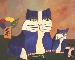 Aldemir Martins - Família de gatos e vaso de flores