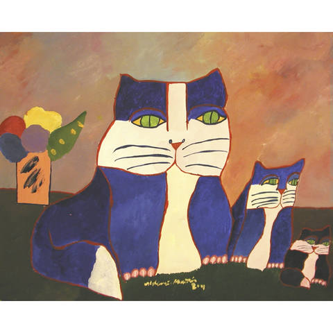 Família de gatos e vaso de flores