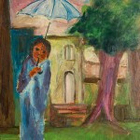Figura de Vestido Azul com Guarda-Chuva